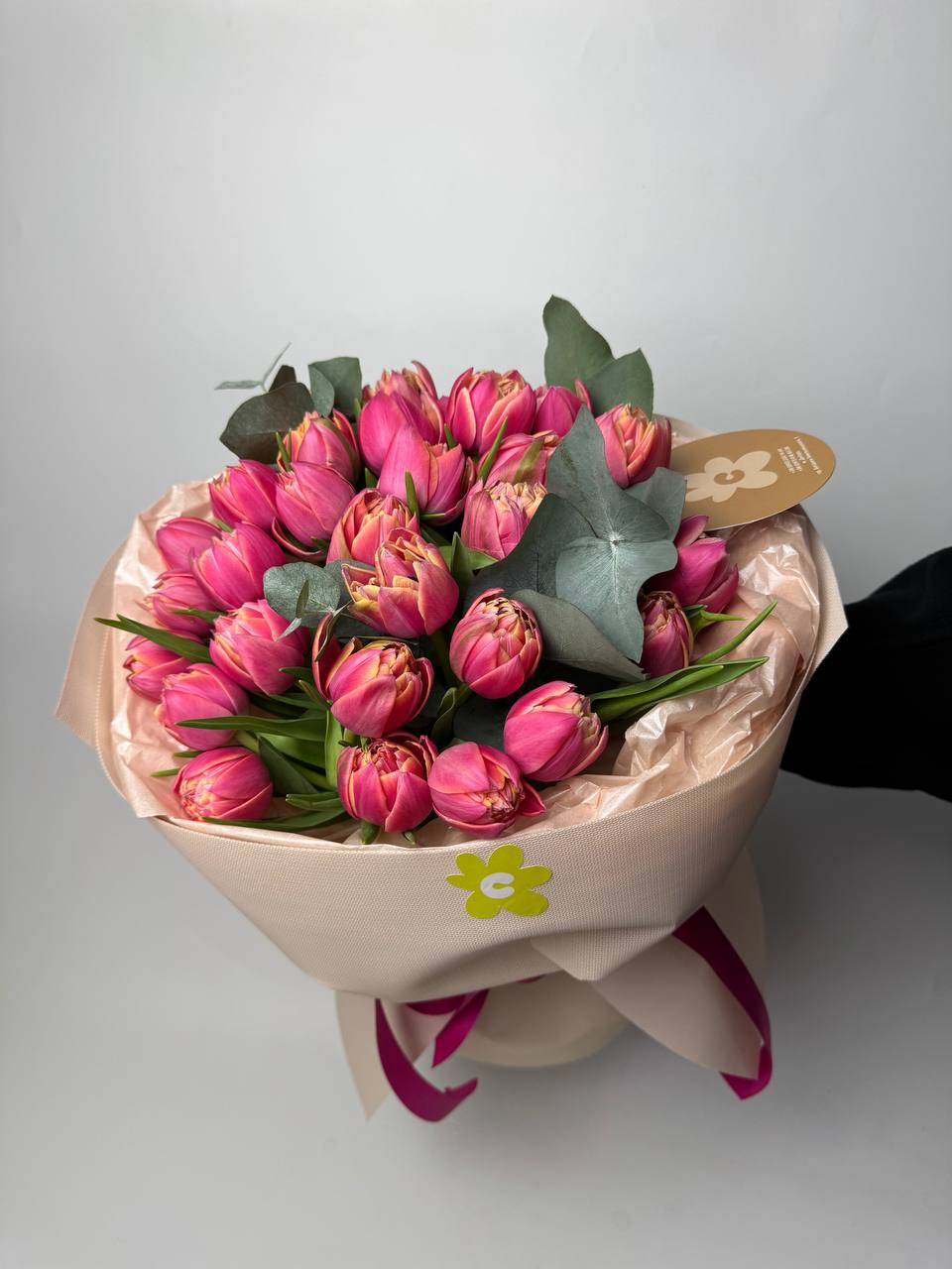 Букет тюльпанів Колумбус 31 шт, Евкаліпт: Тюльпани (Рожевий) - 31.