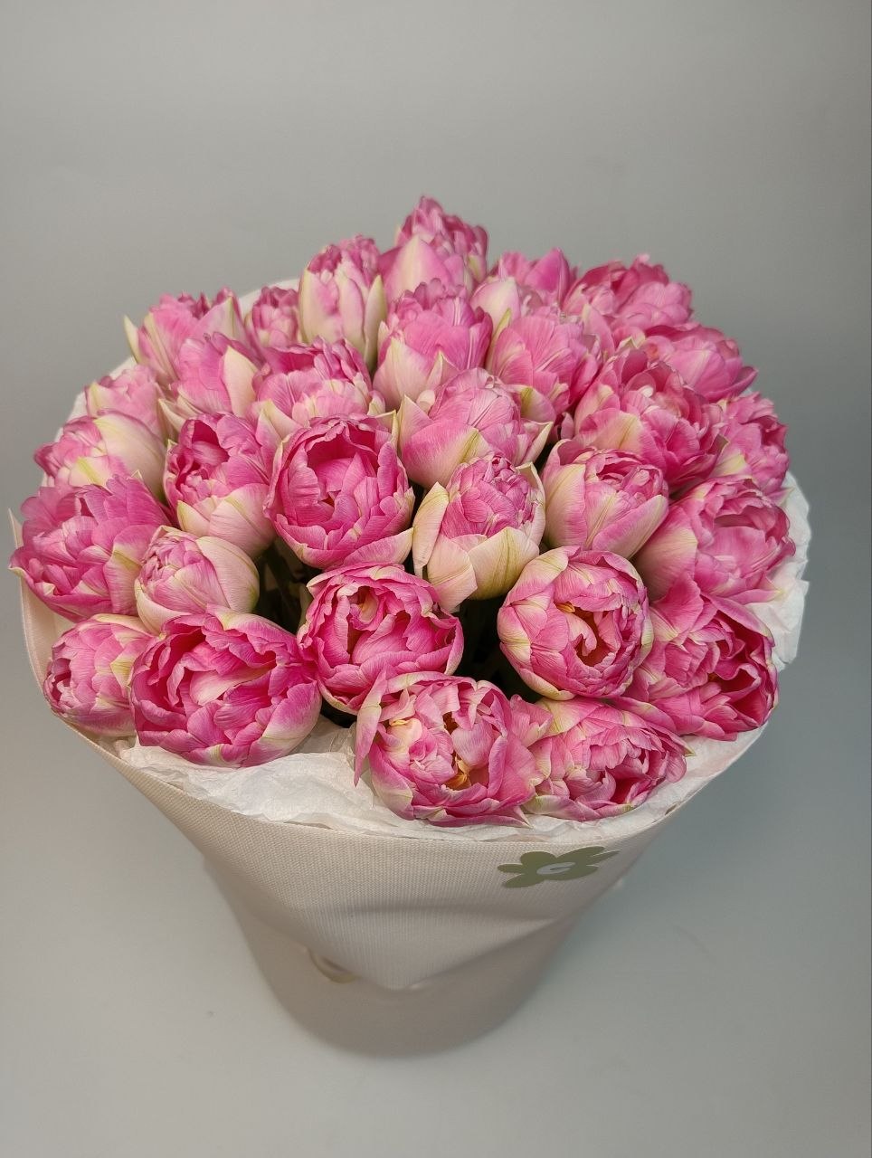 Букет 35 яскраво рожевих піоноподібних тюльпанів image